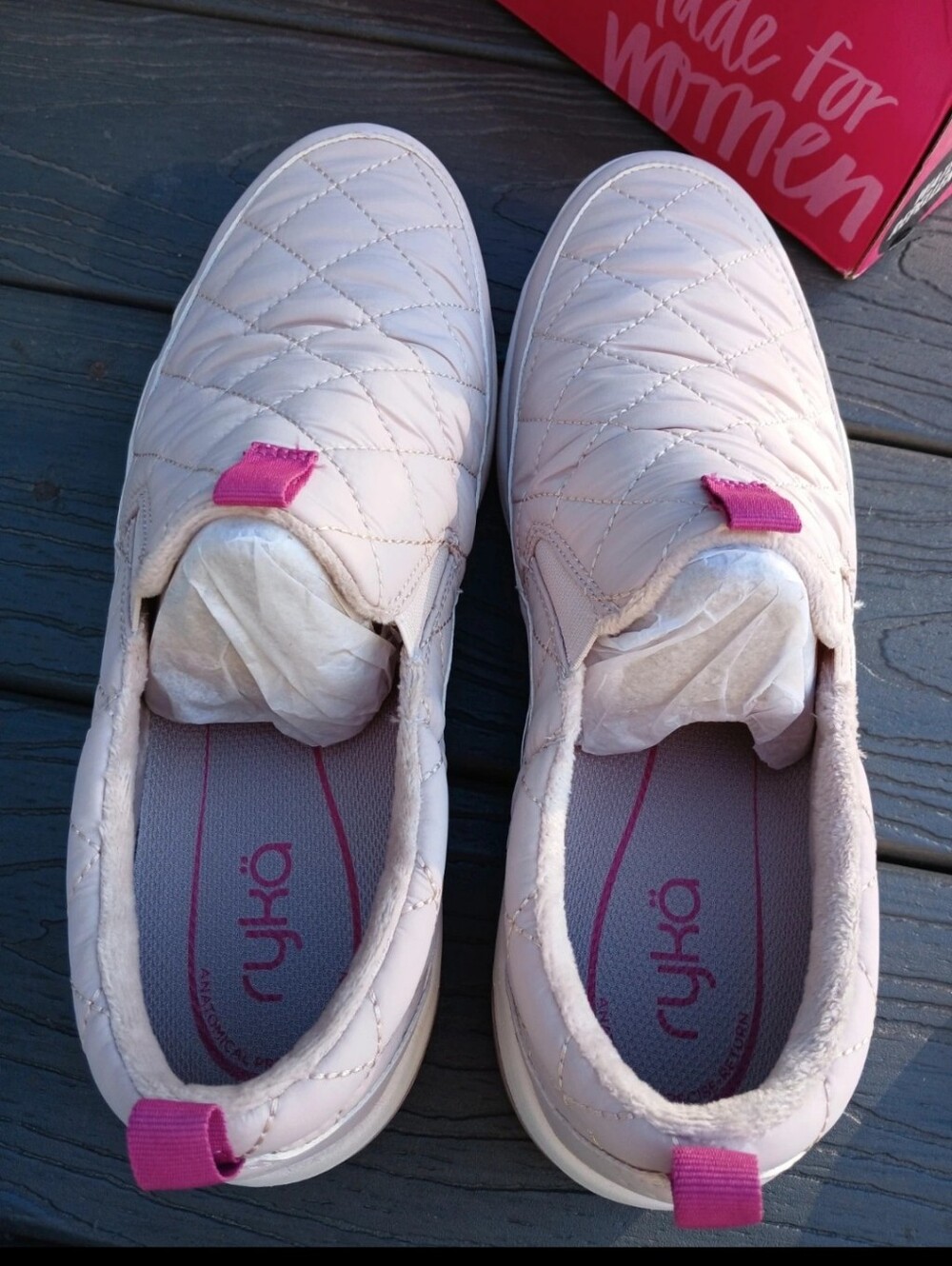 Ryka Quilted Slip-On Sneakers in Lilac Taupe  with  Pink Tabs